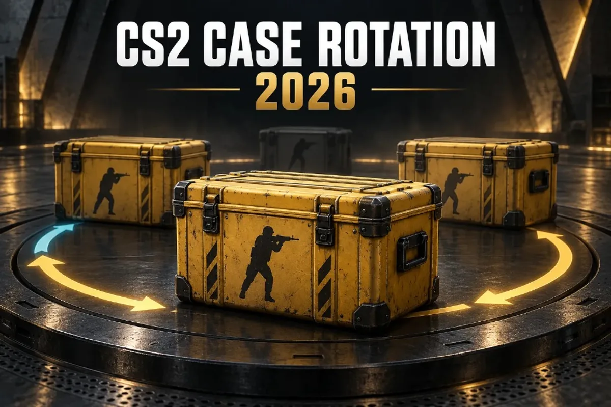 CS2 case rotation 2026 — yellow weapon cases on a rotating platform