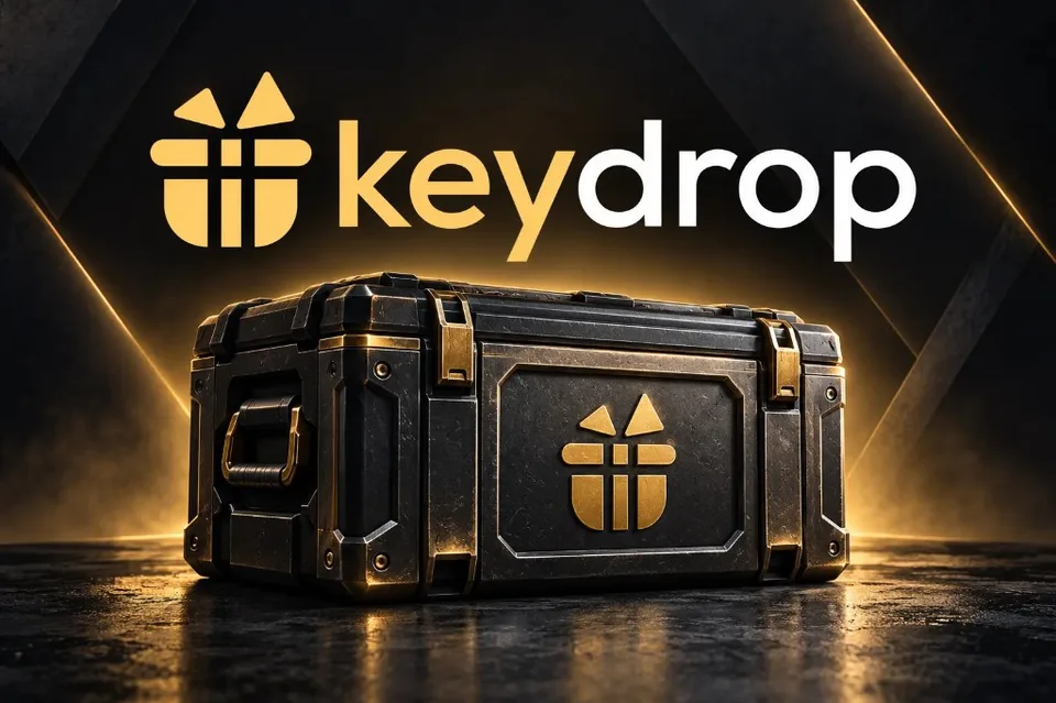 Key-Drop promotional banner — black and gold loot crate with the Key-Drop logo