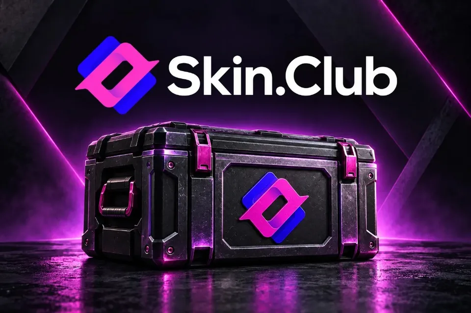SkinClub promotional banner — neon magenta loot crate with the Skin.Club logo